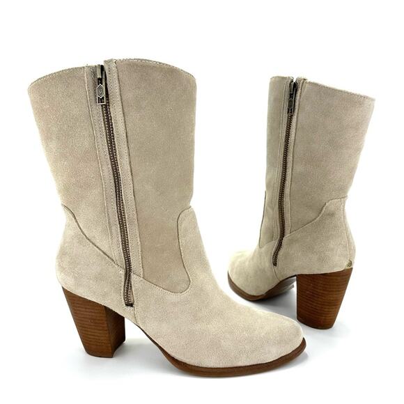 Ugg Lynda Western Boot Size 11 Natural Suede Sheepskin Fur Lined Cuban High Heel - Picture 2 of 15